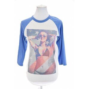 Bowery Supply Co Women Sz S American Bikini Girl Chick Baseball T-Shirt Tee Blue